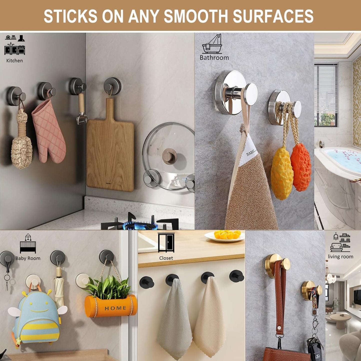 ZESLMG Suction Cup Hooks for Shower Wall, Door Wreaths, Removable Inside Shower Towel Hooks for Bathroom Window Glass Kitchen- Bath Robe Loofah Suction Hooks for Hanging More Surfaces (White, 2 Pack)