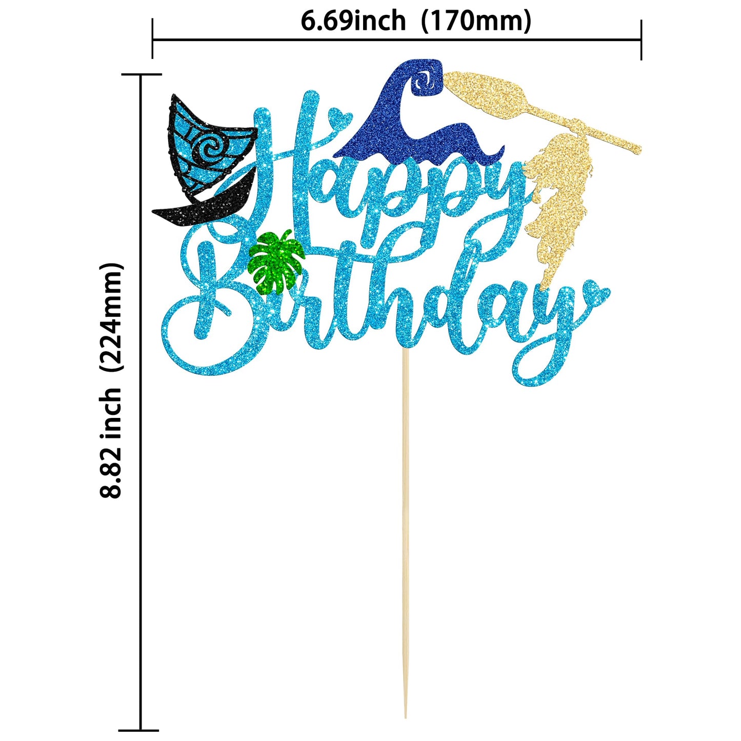 1Pcs Summer Cake Topper Glitter Tree Flower Happy Birthday Cake Pick Decoration for Tropical Hawaiian Luau Theme Baby Shower Kids Birthday Party Cake Decorations Supplies Blue
