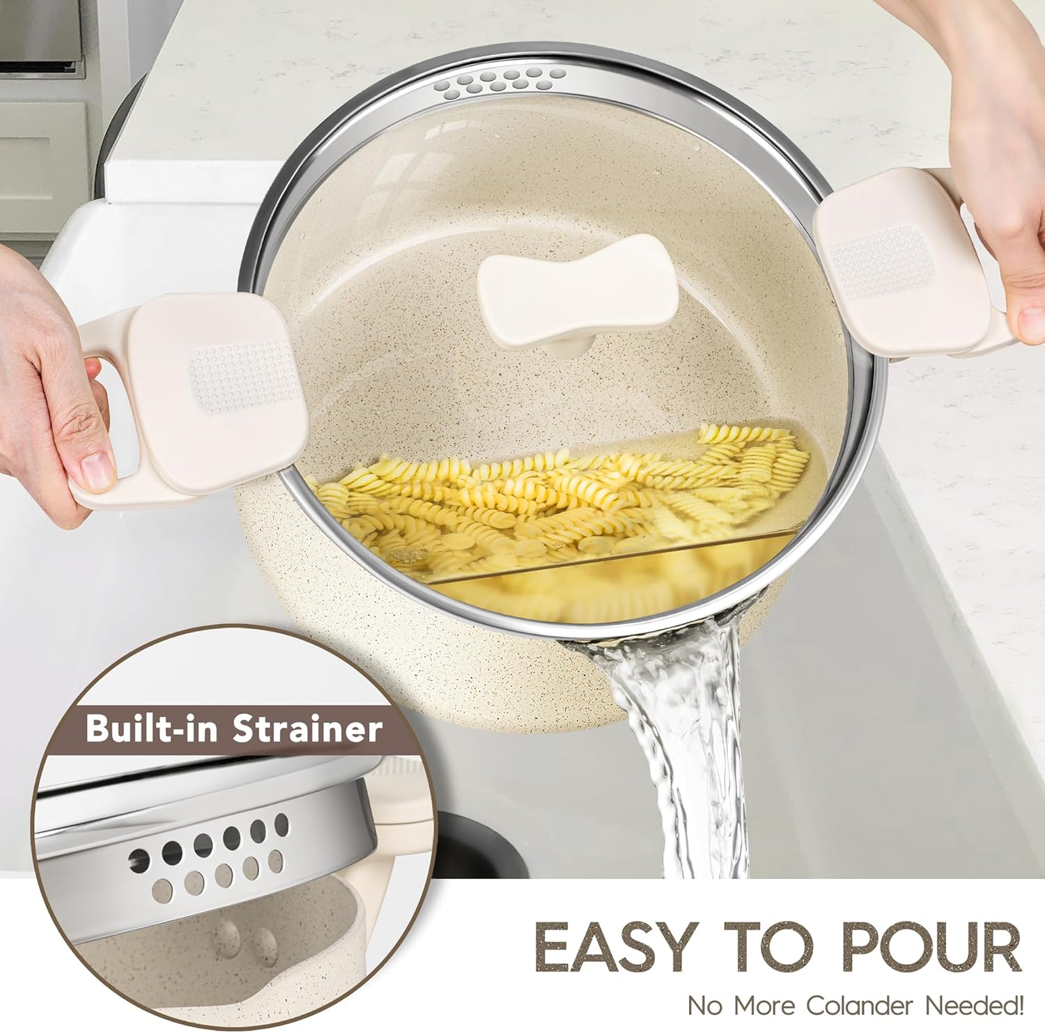 MICHELANGELO Pasta Pot with Strainer Lid - 6 Quart Multipurpose Pot with Twist and Lock Handles, Nonstick Soup Pot with Granite Coating, Induction Compatible, White - Culinary Roots