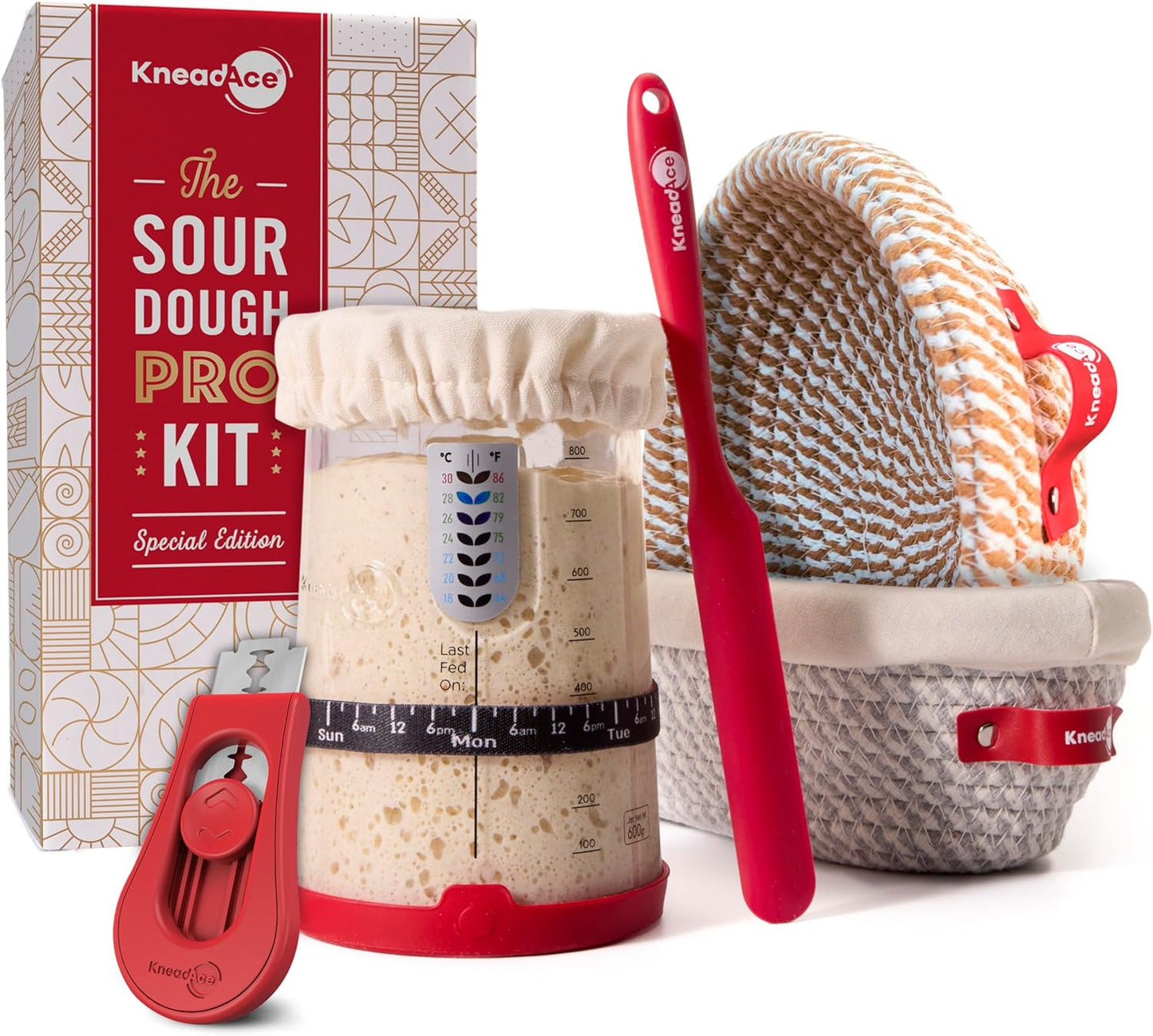 KneadAce Sourdough Starter Kit – 34oz Starter Jar, 2 Cotton Rope Banneton Proofing Baskets, Magnetic Bread Lame for Scoring – Gift for Bakers & Complete Sourdough Bread Baking Set