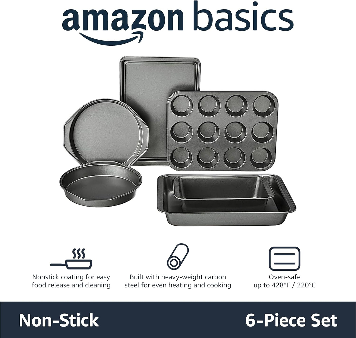 Amazon Basics 6 Piece Nonstick, Carbon Steel Oven Safe Bakeware Set with Cake, Muffin, Cookie, and Loaf Pans, 6 Piece, 16.25 x 11.75 x 6.25 inches - Culinary Roots