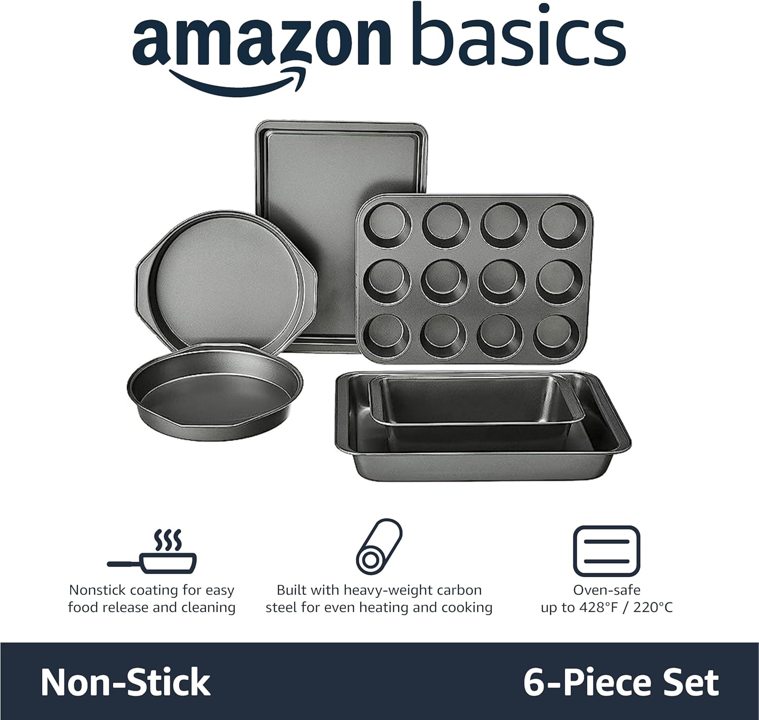 Amazon Basics 6 Piece Nonstick, Carbon Steel Oven Safe Bakeware Set with Cake, Muffin, Cookie, and Loaf Pans, 6 Piece, 16.25 x 11.75 x 6.25 inches - Culinary Roots