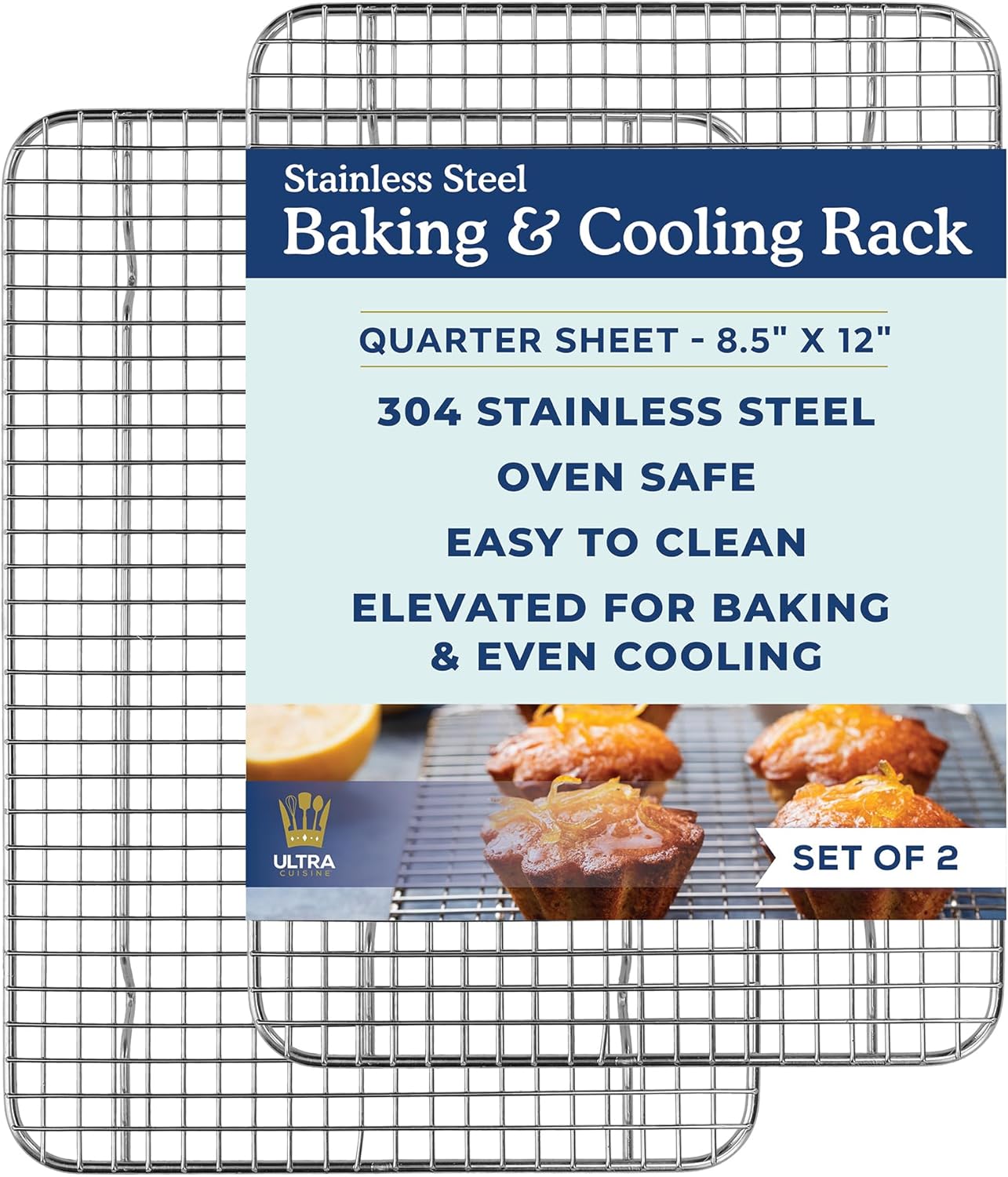 Ultra Cuisine Oven-Safe, Dishwasher-Safe 100% Stainless Steel Cooling & Baking Rack Set - Tight-Wire Bake for Oven Cooking - Heavy Duty - 8.5x12 - Set of 2 - Small Quarter Sheet Pan Cooling Racks - Culinary Roots