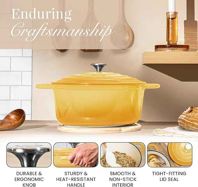 Nuovva Enamelled Cast Iron Dutch Oven Pot with Lid 6.4 Quart Non Stick Casserole Pot – Heavy Duty & Oven Safe up to 500° F for Bread Baking, Braising, Stews, Roasting – 28cm Yellow