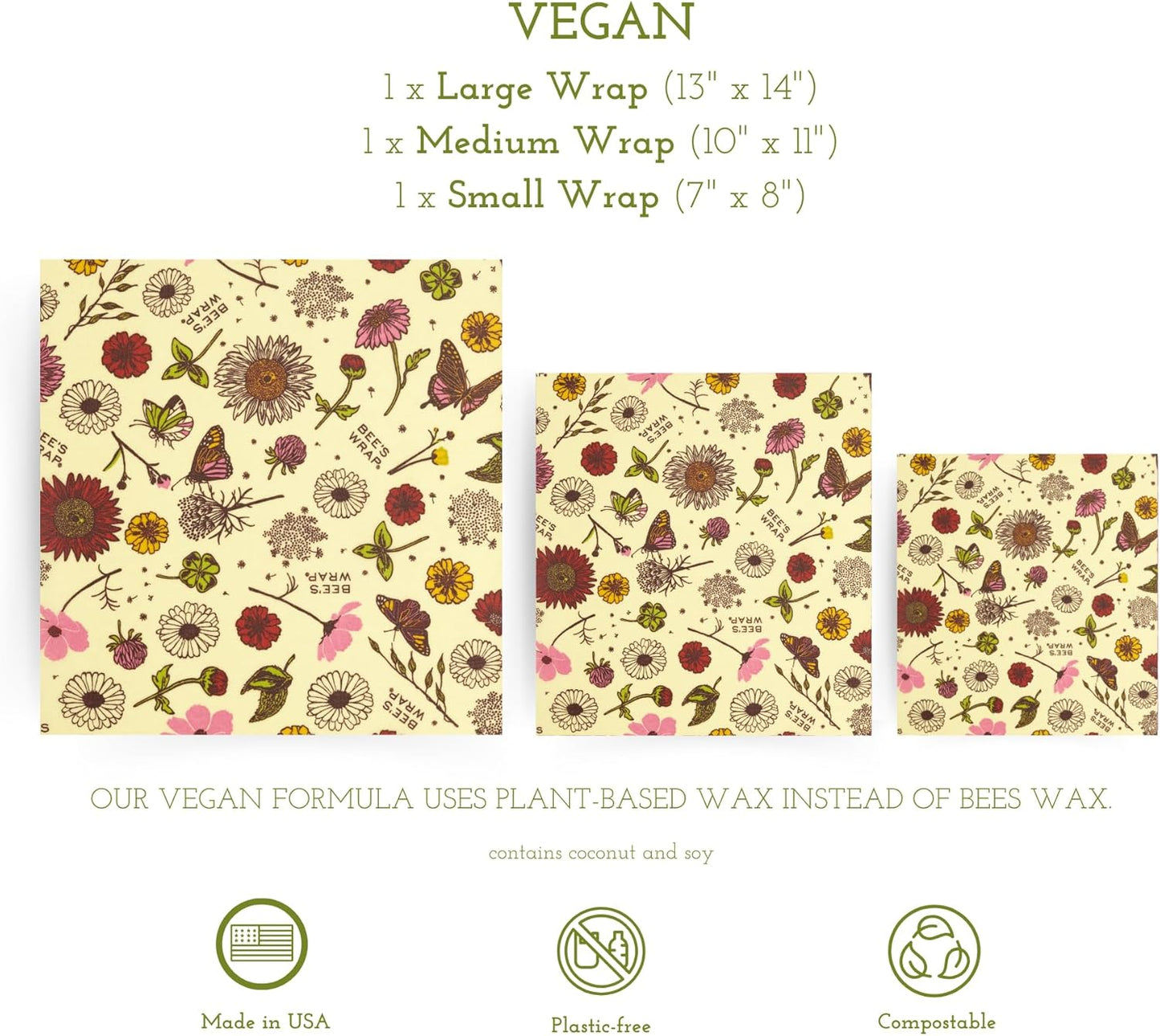 Bee's Wrap Vegan Beeswax Wraps for Food - Vegan Meadow Magic 3 Pack (S, M, L) Made in USA Reusable & Organic Food Wraps, Sandwich Wrap & Bowl Covers - Eco Alternative to Aluminum Foil & Plastic Wrap