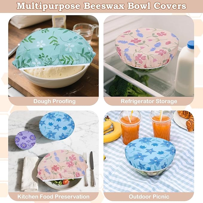 5-Size Reusable Beeswax Bowl Covers for Bread Proofing, Cotton Cloth Flexible Beeswax Wraps for Food Storage(Plant leaves)
