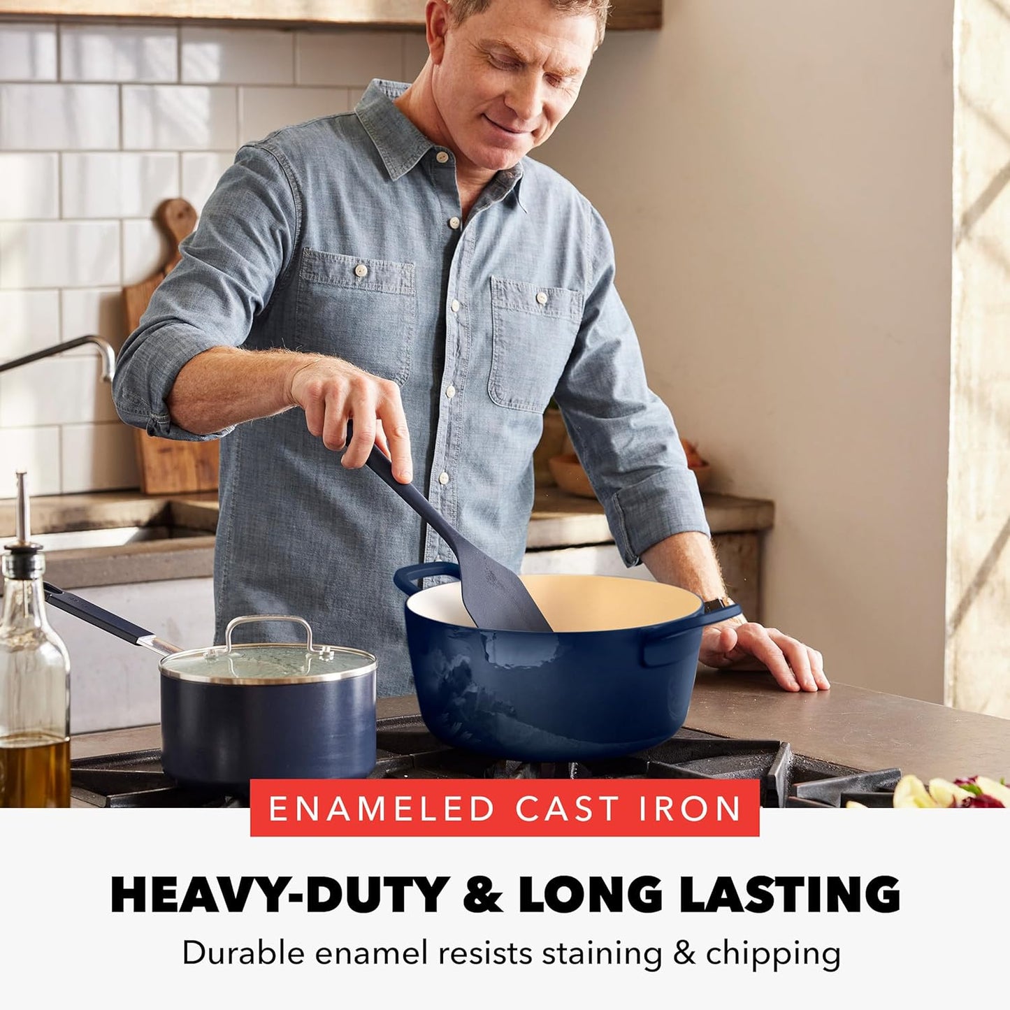 GreenPan x Bobby Flay 5.5QT Enameled Cast Iron Round Dutch Oven with Lid, Dual Handles, Oven Safe to 500F & Induction Suitable, Self Basting Lid, Ultra-Durable, Sear, Braising, Bread, Stews, Cobalt - Culinary Roots