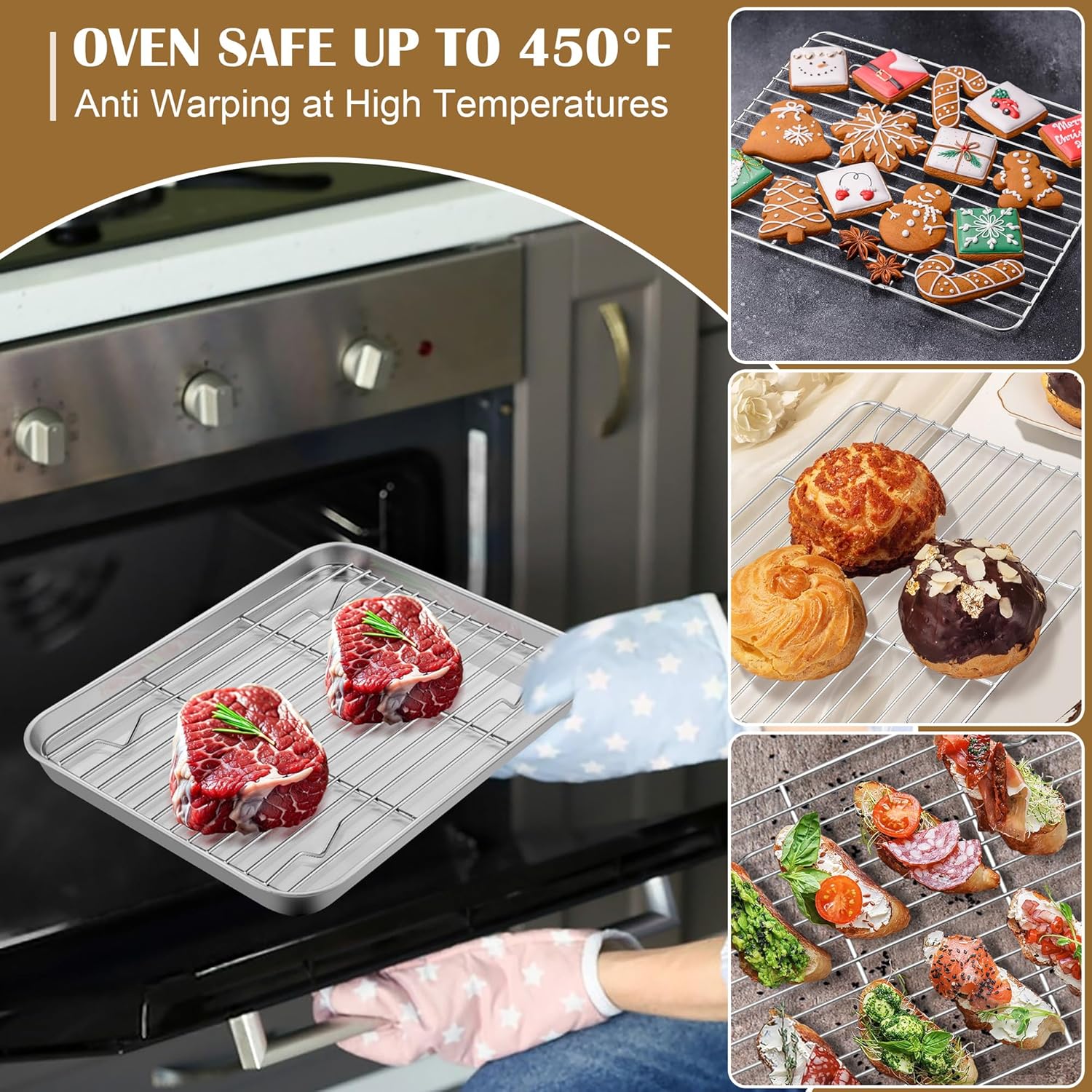 E-far Baking Sheet with Wire Rack (2 Pans + 2 Racks), Stainless Steel Cookie Sheets Pan & Cooling Rack for Baking Cookies Cake, Non Toxic & Heavy Duty, Oven & Dishwasher Safe, 12.4 x 9.7 x 1 Inch - Culinary Roots