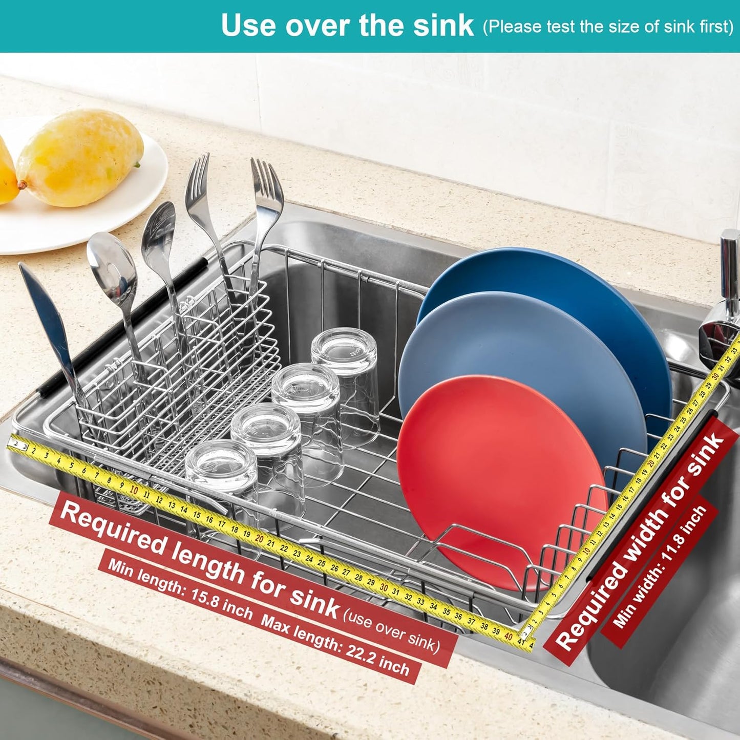 iPEGTOP Expandable Dish Drying Rack in Sink or Over Sink, Rustproof Stainless Steel Dish Drying Rack Basket Shelf, Multifunctional Dish Drainer Inside Sink Organizer with Utensil Cutlery Holder