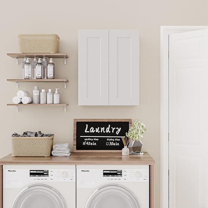 Solid Wood Laundry Room Wall Cabinets, 24 Inch Wide 12" Deep Large Hanging Storage Cabinets, RTA Medicine Organizer with 2 Shaker Doors, Easy Assembly for Kitchen, Bathroom - White