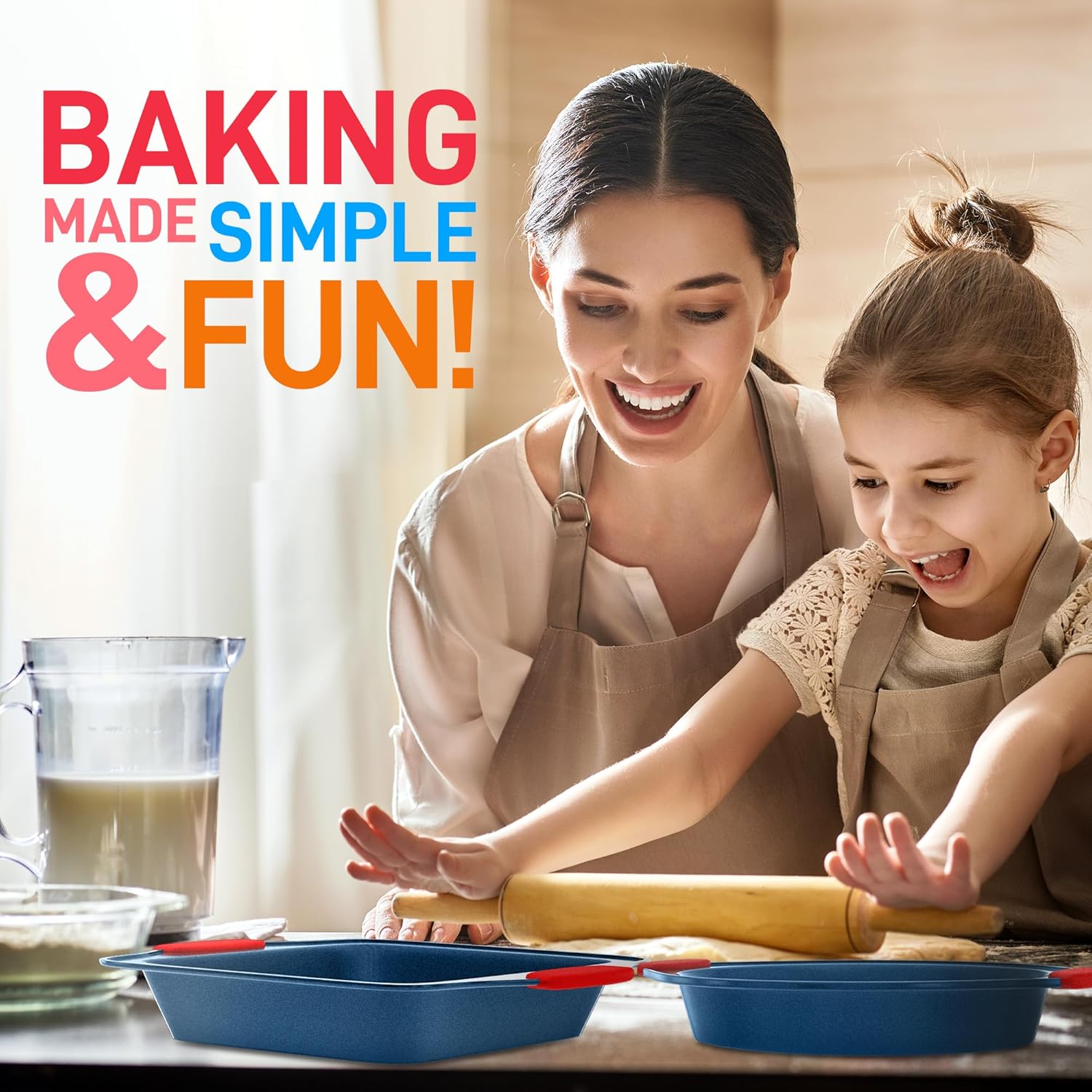 NutriChef 10-Piece Nonstick Bakeware Set - Premium Carbon Steel Baking Pans w/Silicone Handles - Includes Pizza Tray, 12 & 24 Cup Muffin Pans, Cookie Sheets, Round & Square Pans, Loaf Pan - Blue - Culinary Roots