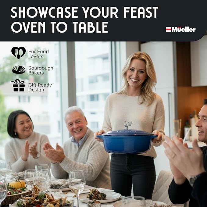 MUELLER HOME 5.5 Quart Enameled Cast Iron Oval Dutch Oven w Rooster Knob & Cotton Potholders, Heavy-Duty Cookware, Oven-Safe up to 500° F & Across All Cooktops, Gifts for Grandma & Women, Aqua Blue