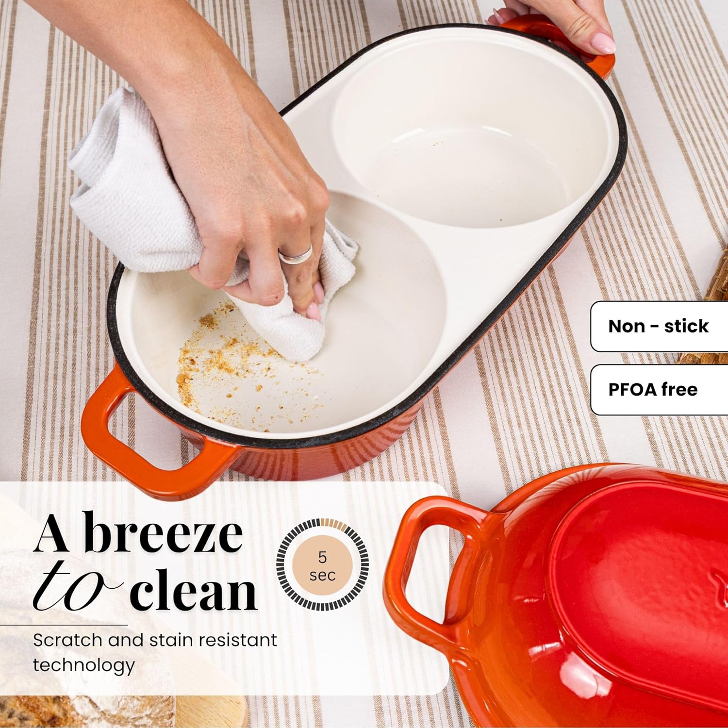 nuovva Dutch Oven For Sourdough Bread Baking – Enamelled Cast Iron Bread Loaf Pot – 500°F Oven Safe Non Stick Bread Pot – Double Round Loaf Space, 16.5cm Diameter, Orange - Culinary Roots