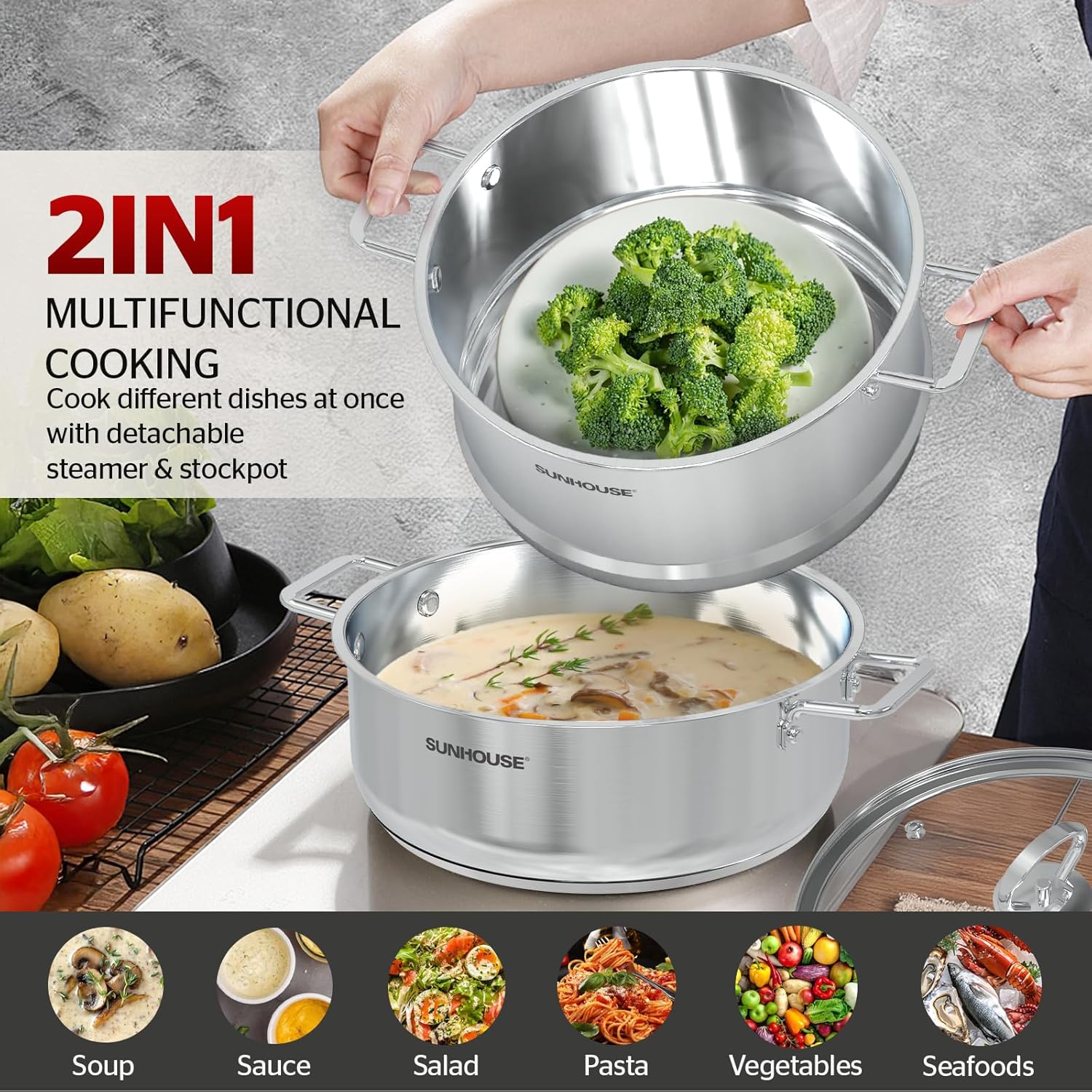 [New Version] Sunhouse 2-Tier Stainless Steel Steamer Pot with Lid - Larger 5.5 QT Steamer & 3.8 QT Stockpot Base - Induction Ready, Compatible with All Cooktops - Culinary Roots