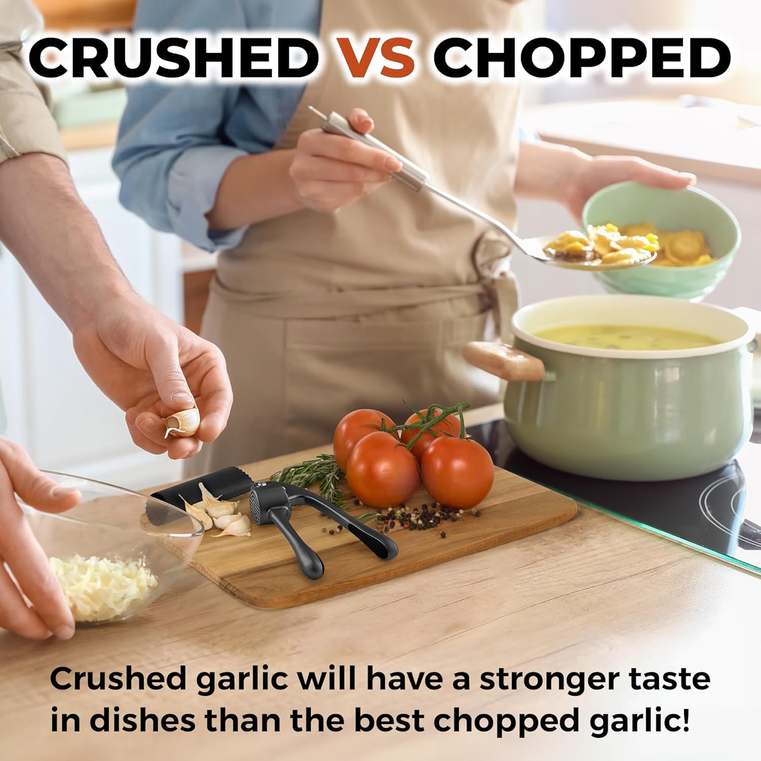 Zulay Kitchen Large Premium Garlic Press Set - Bigger Bowl for Bigger Garlic - Rust Proof & Dishwasher Safe Garlic Mincer Tool - Easy-Squeeze, Easy-Clean Silicone Garlic Peeler & Brush (Dark Gray) - Culinary Roots