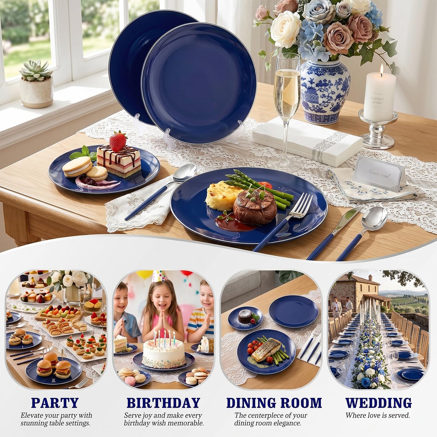175Pcs Blue Plastic Plates with Silver Rim & Disposable Silverware with Blue Handle & Silver
