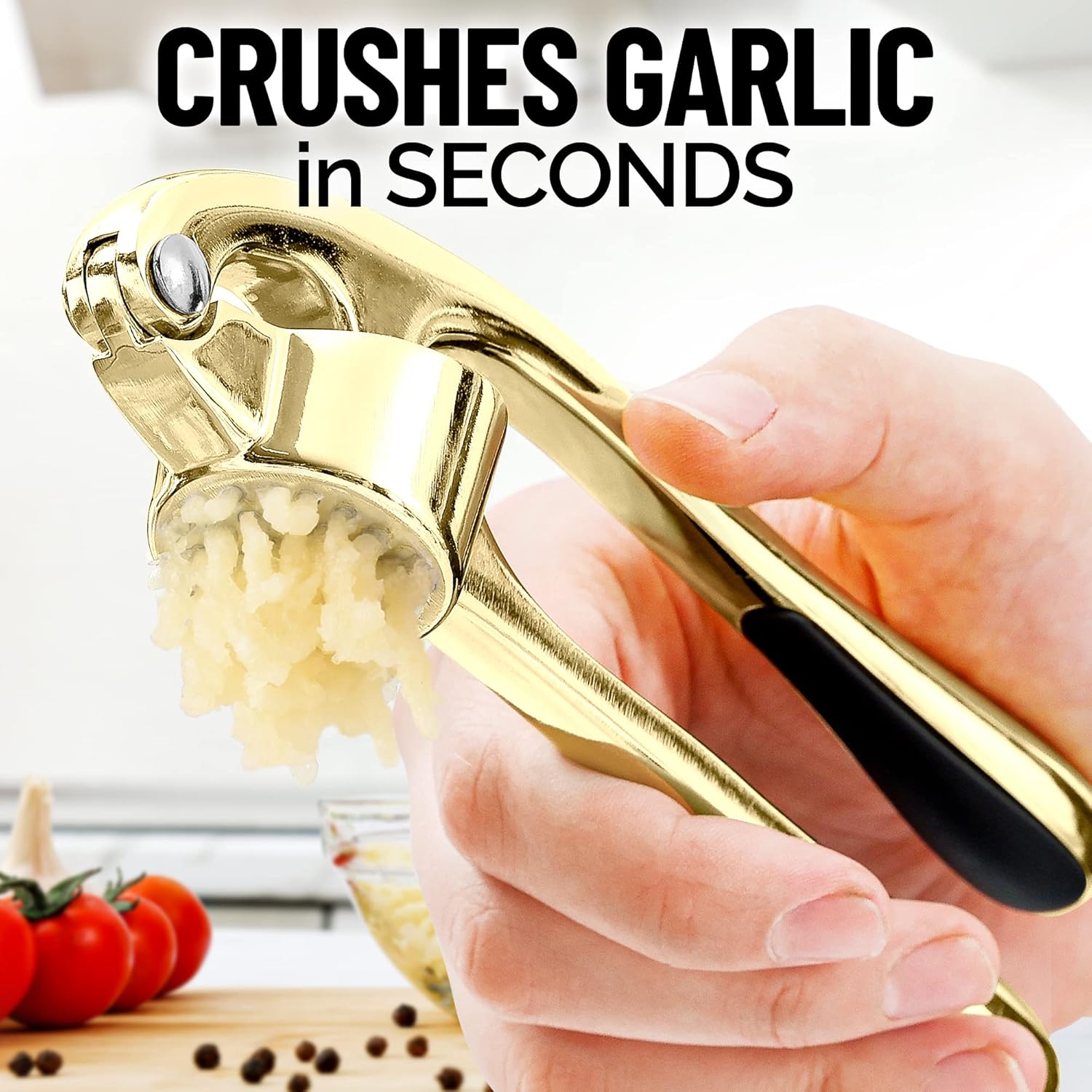 Zulay Kitchen Premium Garlic Press with Soft, Easy to Squeeze Handle - Includes Silicone Garlic Peeler & Cleaning Brush - 3 Piece Garlic Mincer Tool - Sturdy Easy to Clean Garlic Crusher (Gold) - Culinary Roots