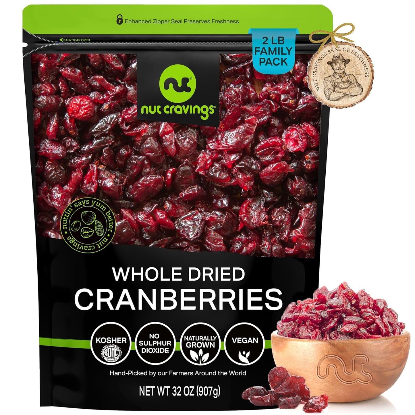 NUT CRAVINGS - Sun Dried Whole Cranberries, Lightly Sweetened (32oz, 2 LB) Bulk Dry Fruits Packed Fresh in Resealable Bag - Sweet Healthy Snack, Naturally Grown, Vegan, Kosher