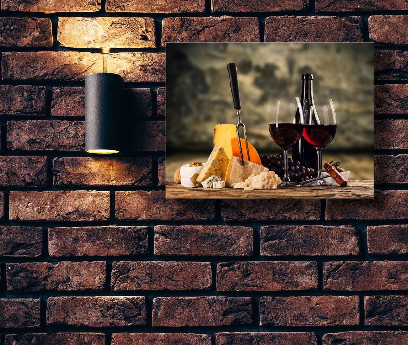 Looife Kitchen Still Life Canvas Wall Art, 48x36 Inch Gallery Wrapped Red Wine with Cheese Picture Prints Wall Decor, Food Art Deco for Dining Room and Bar Decoration