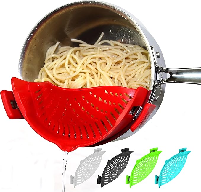 Arlig Clip On Pasta Strainer Silicone Universal Fit for all Pots and Bowls Snap On Drainer for Meat, Vegetables, Fruit Colander for Kitchen Easily Drain Food Space Saving