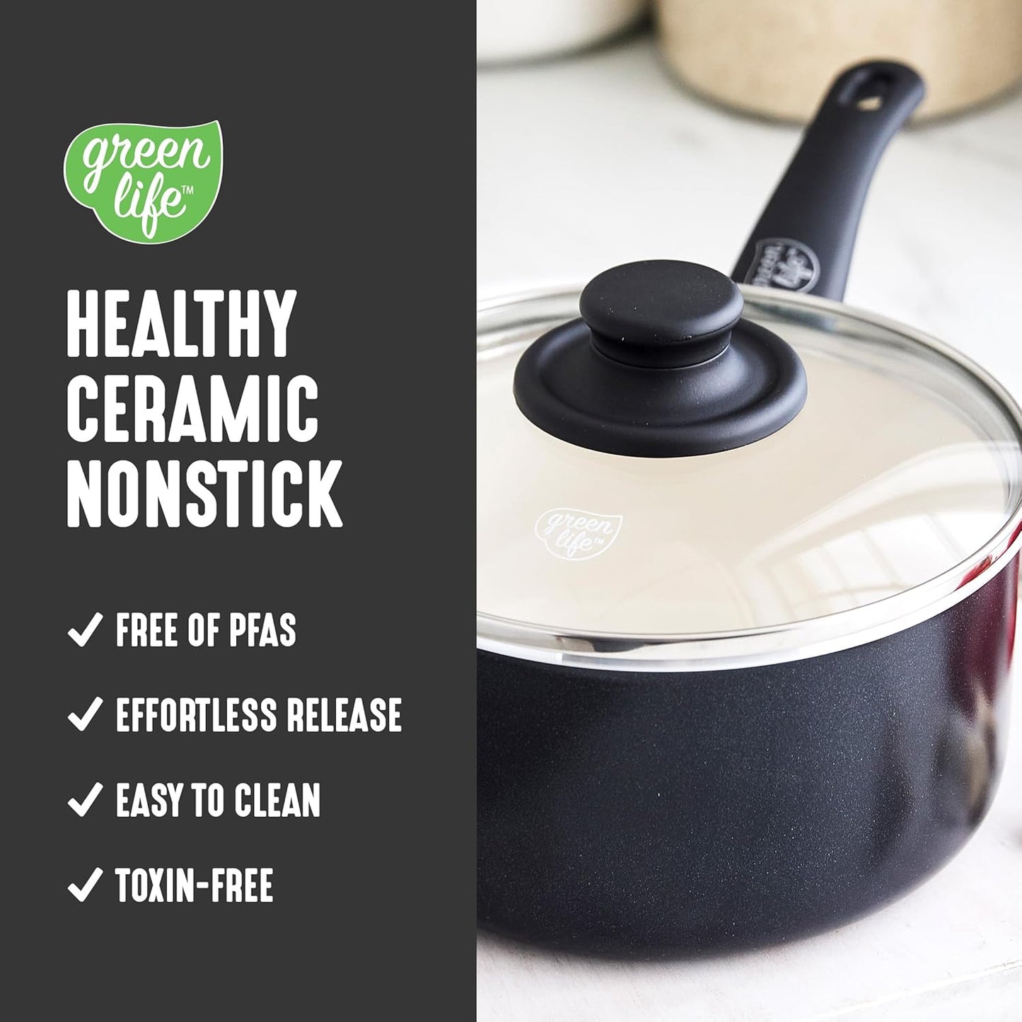 GreenLife 2 Quart Ceramic Nonstick Saucepan with Lid, PFAS-Free, Stay-Cool Handle, Multipurpose Kitchen Cooking Pot, Dishwasher & Oven Safe, Black - Culinary Roots
