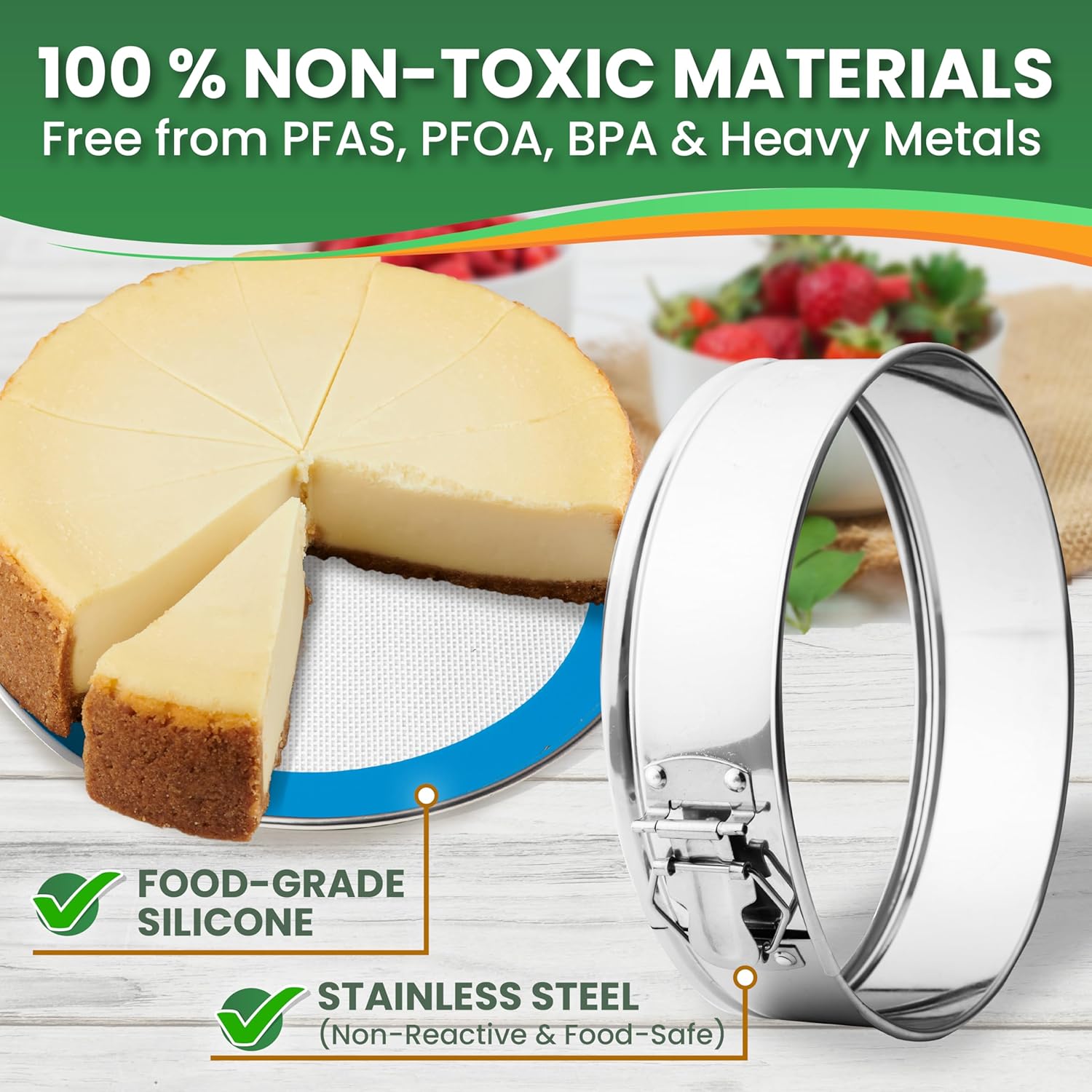 STAINLESS STEEL Springform Pan with REUSABLE Nonstick Silicone Liner - NON TOXIC Springform Pan for Cheesecake, 9 Inch Springform Ppan - Culinary Roots
