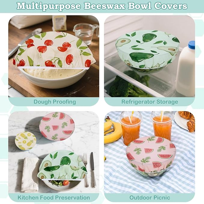 5-Size Reusable Beeswax Bowl Covers for Bread Proofing, Cotton Cloth Flexible Beeswax Wraps for Food Storage(Colored Fruit)