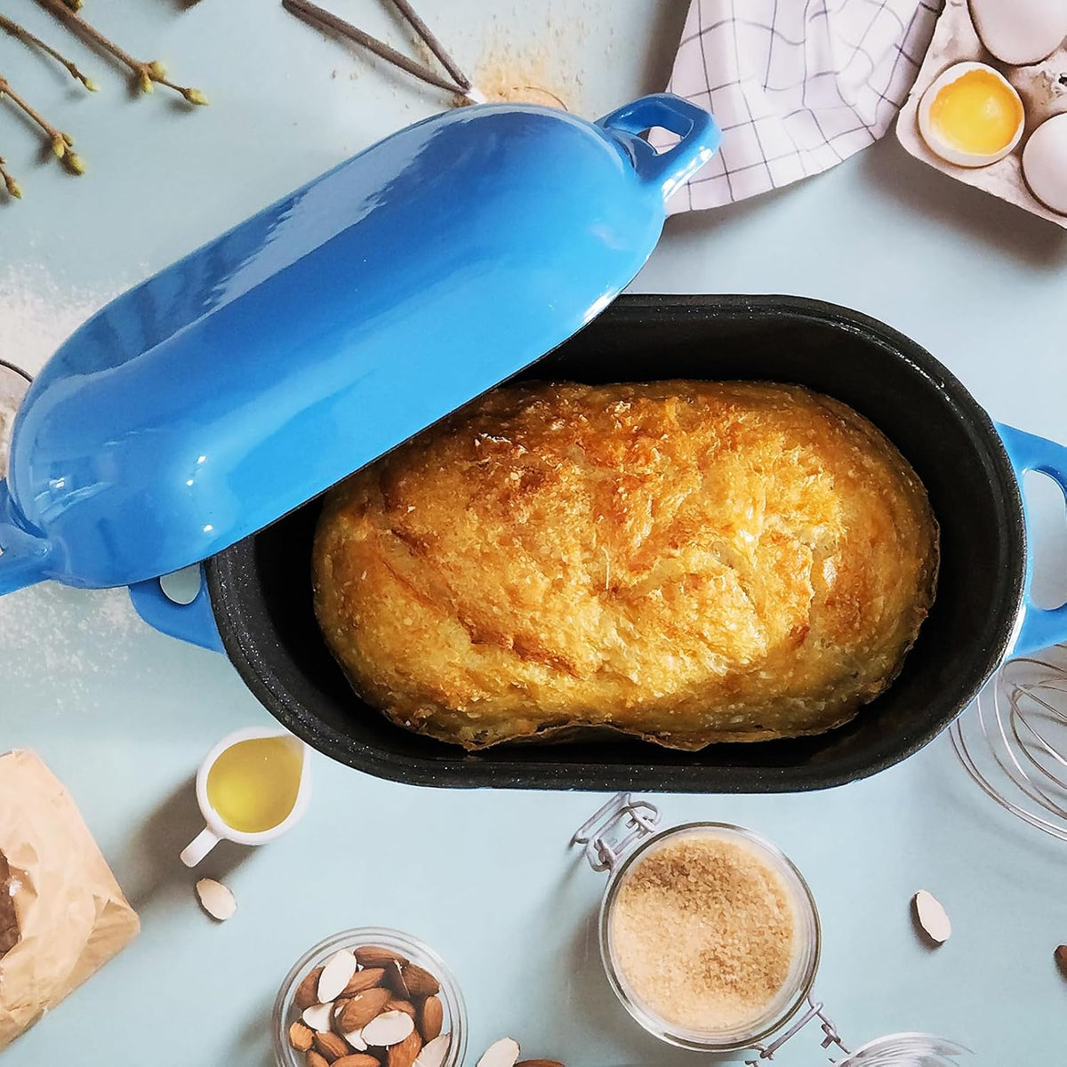 Dutch Oven Enameled Cast Iron Bread Pan with Lid Sourdough Loaf Pans for Baking Bread Large Heavy Oval Bread Dutch Oven with Movable Handle 4 Qt Blue Dishwasher Safe - Culinary Roots
