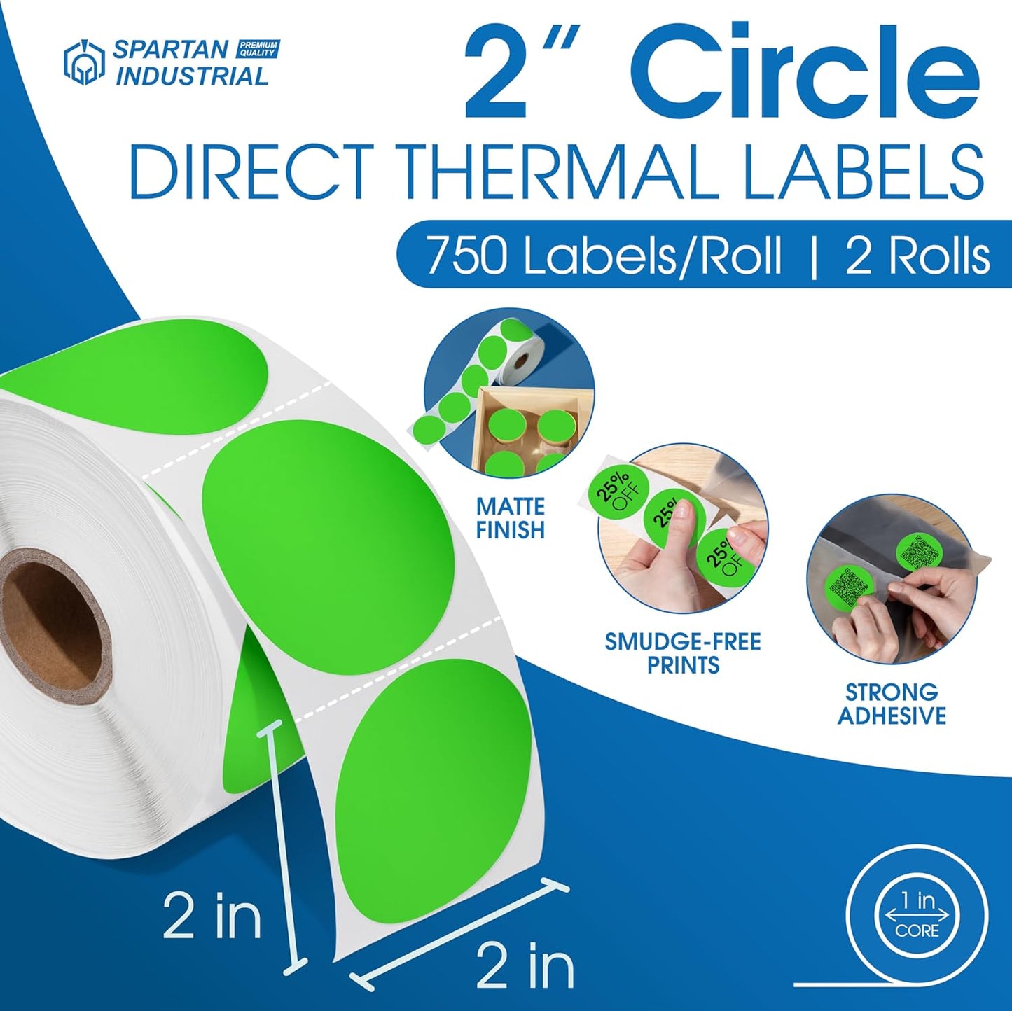 Spartan Industrial - 2" Direct Thermal Circle Labels - Fluorescent Green Round Stickers for Color Coding, Inventory Tags, and More (2 Rolls, 750/Roll)