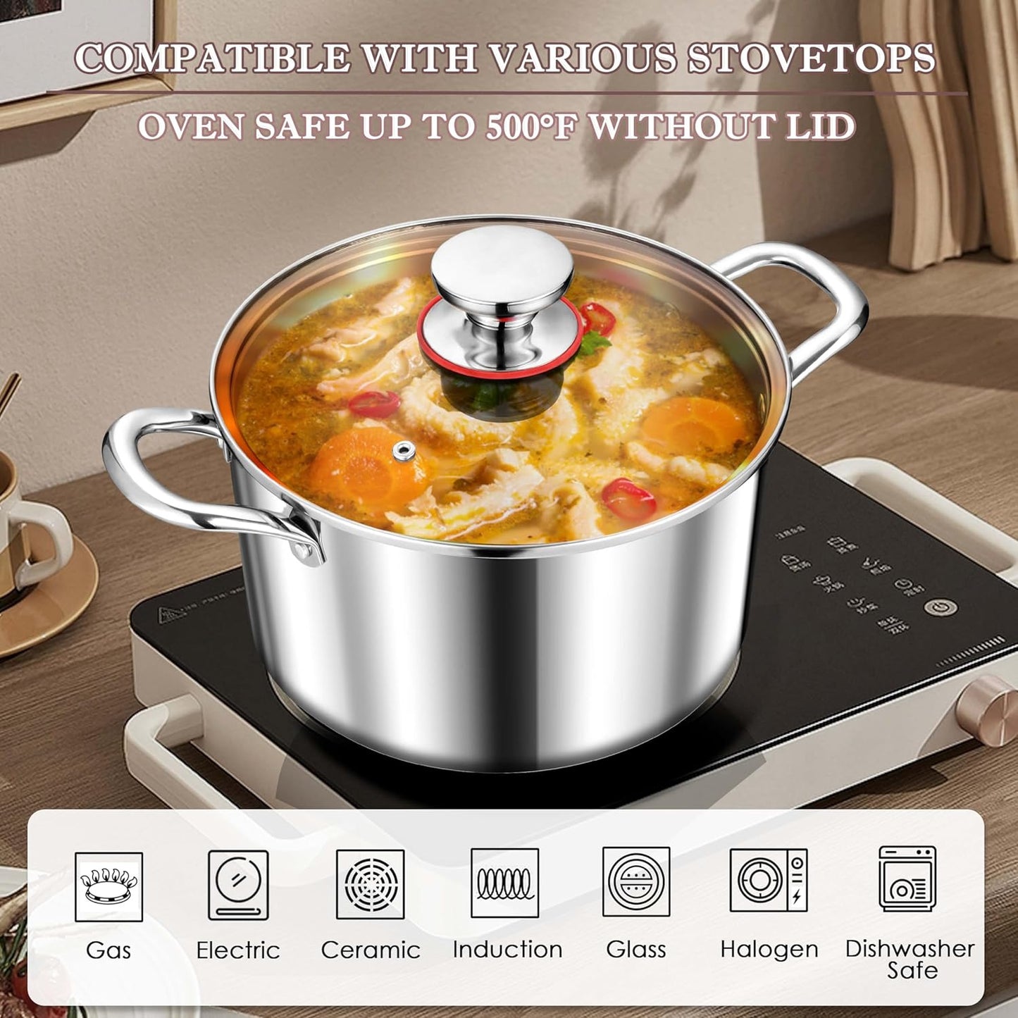 Herogo 6 Quart Stock Pot, 18/10 Stainless Steel Pasta Stockpot with Lid, 6 QT Cooking Pot with Handles, Tri-Ply Stockpot for Induction Gas Electric Stove, Dishwasher Safe - Culinary Roots