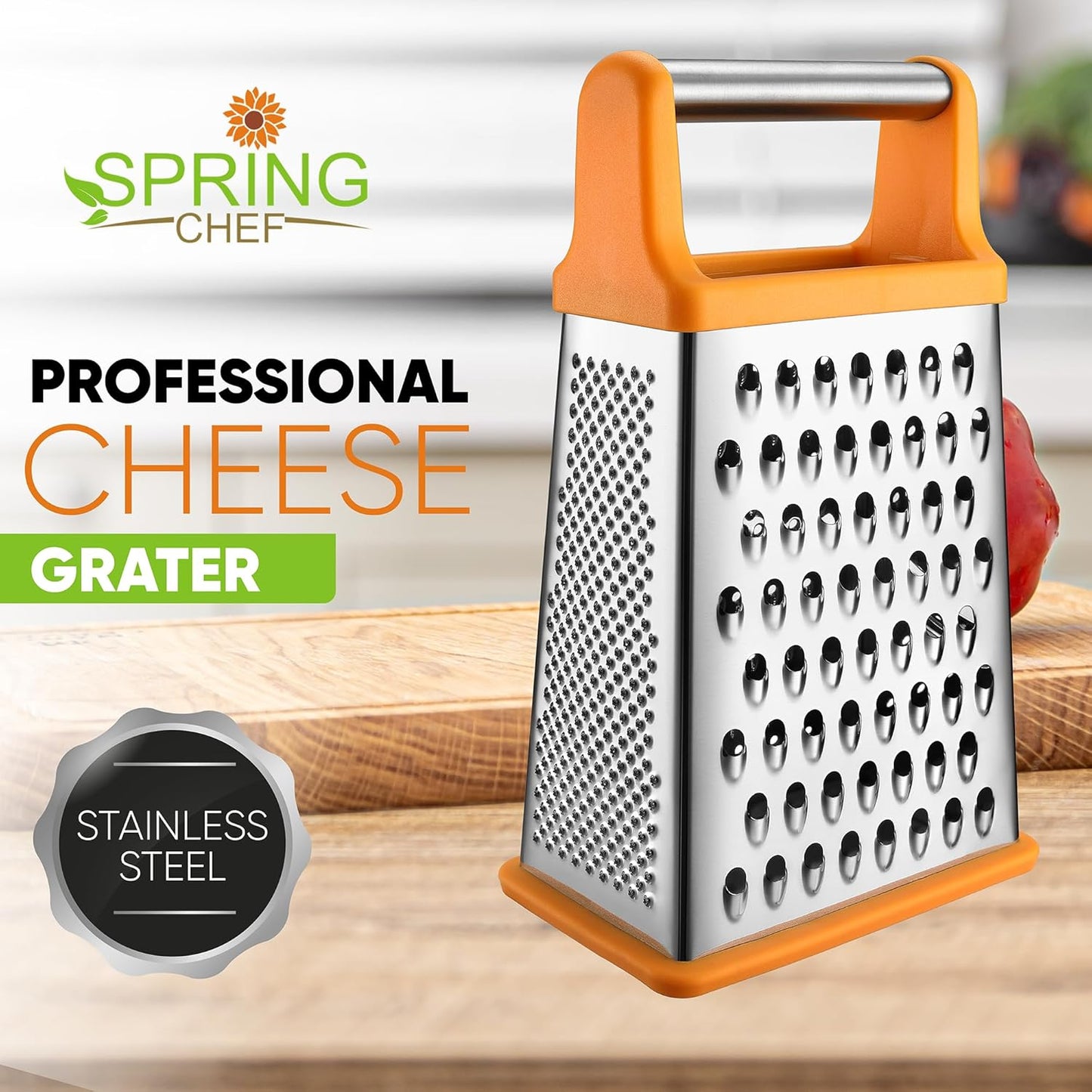 Spring Chef Handheld Stainless Steel XL Parmesan Cheese Grater with Handle - 4 Sided Manual Box Grater for Kitchen - Dishwasher Safe Cheese Shredder for Carrot, Potato, Vegetables, Hash Brown - Mango - Culinary Roots