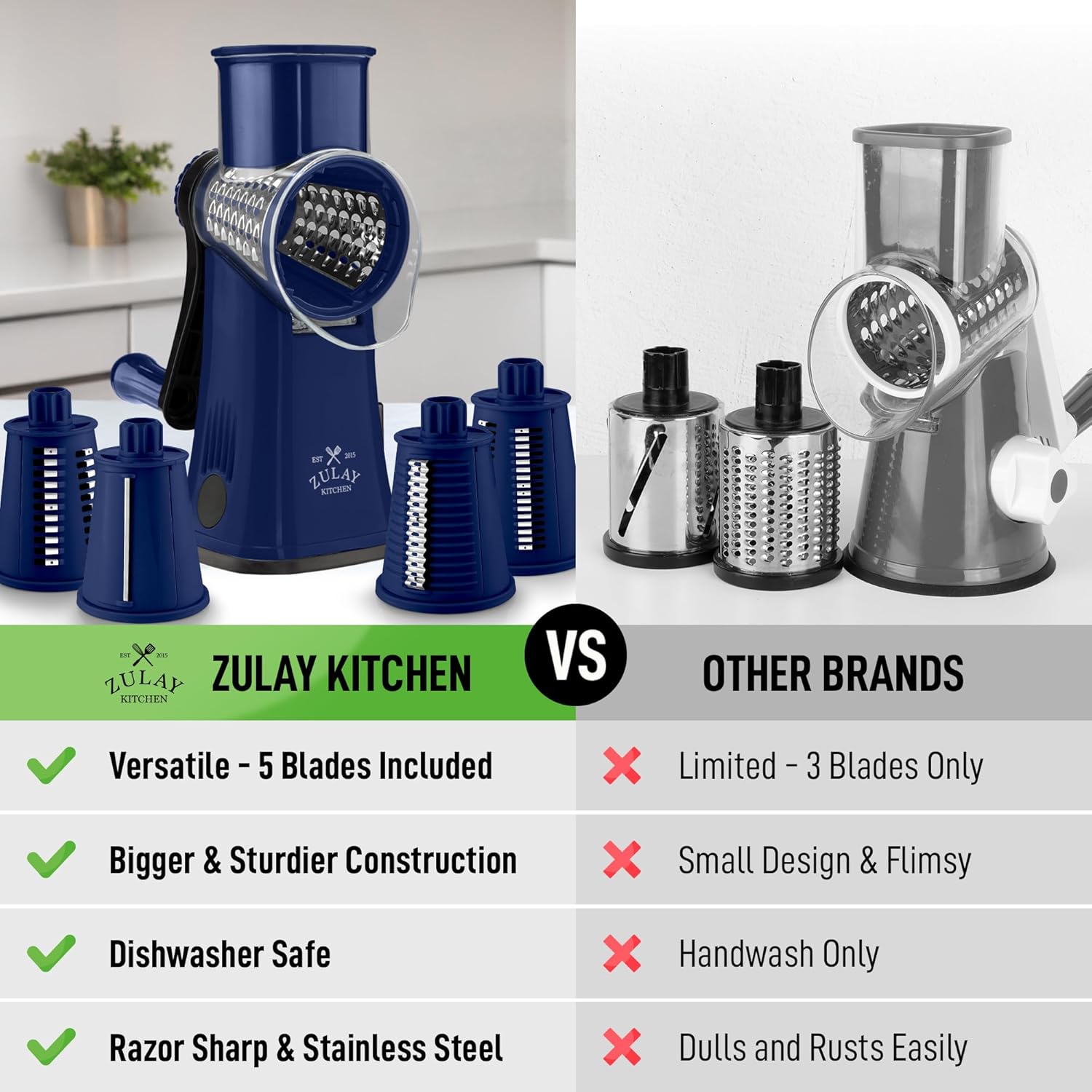 Zulay Kitchen Rotary Cheese Grater 5 Blade Cheese Shredder - Manual Hand Crank Cheese Grater With Reinforced Suction & 5 Interchangeable Drums - Easy to Use, Vegetable Chopper Round Mandoline Slicer - Culinary Roots
