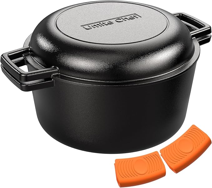 2-in-1 Pre-Seasoned Cast Iron Double Dutch Oven Pot with Skillet Lid
