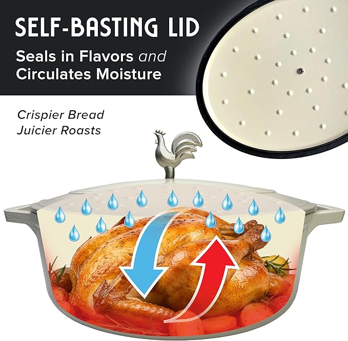 MUELLER HOME 5.5 Quart Enameled Cast Iron Oval Dutch Oven with Rooster Knob & Cotton Potholders, Heavy-Duty Cookware, Oven-Safe up to 500° F & Across All Cooktops, Gifts for Grandma & Women, White