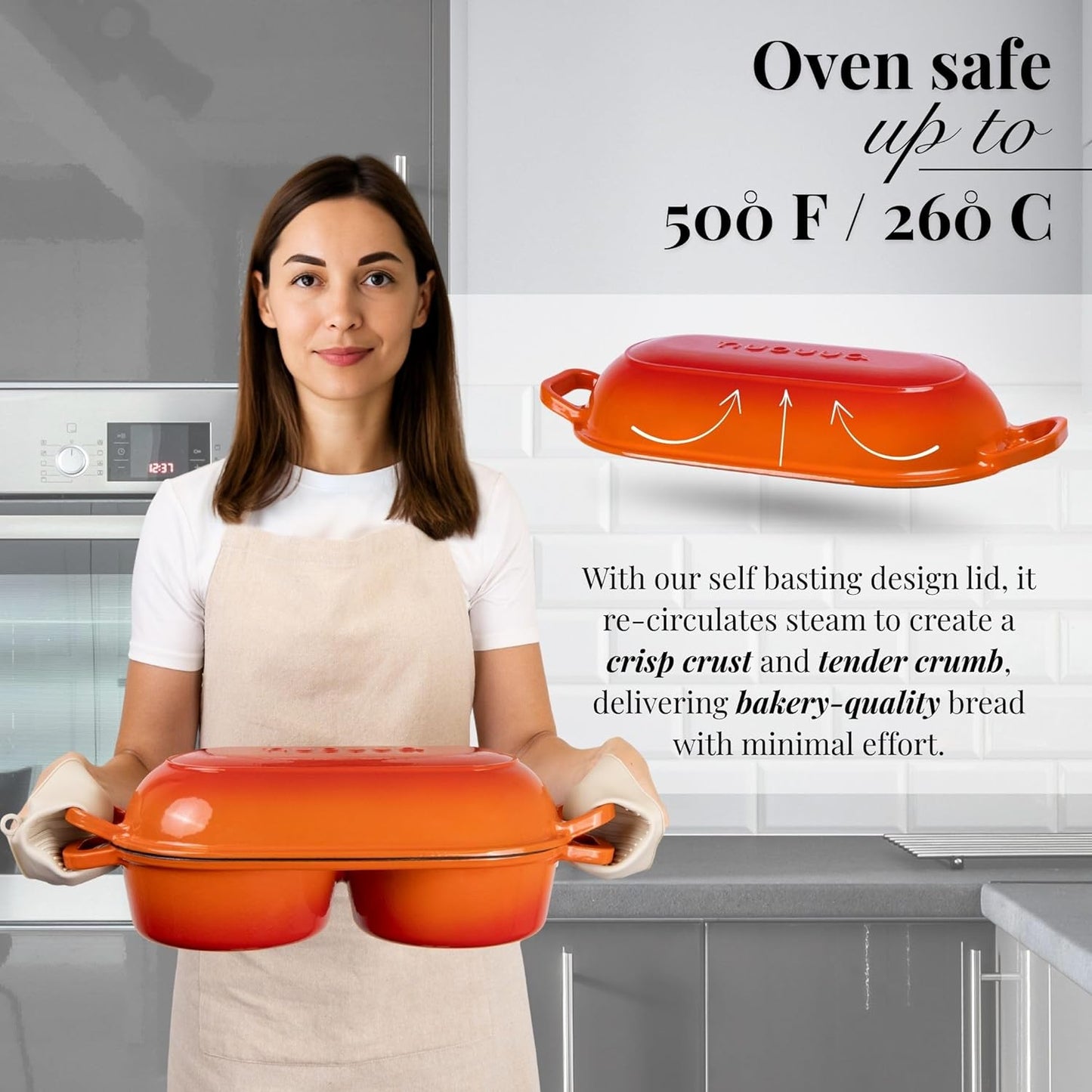 nuovva Dutch Oven For Sourdough Bread Baking – Enamelled Cast Iron Bread Loaf Pot – 500°F Oven Safe Non Stick Bread Pot – Double Round Loaf Space, 16.5cm Diameter, Orange - Culinary Roots