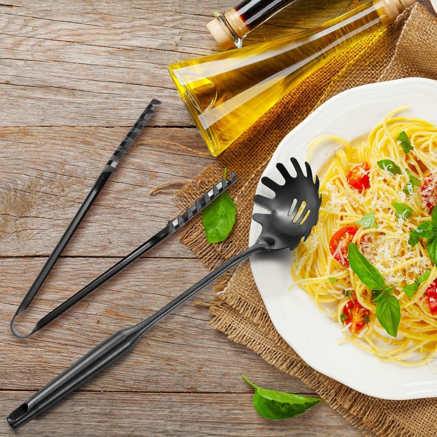 Patelai 2 Pcs Stainless Steel Pasta Spoon with Teeth Large Spaghetti Utensil, 9.4'' Tong and 13.6'' Pasta Fork with Vacuum Handle, Comfortable Grip Design Spoons for Kitchen(Black) - Culinary Roots