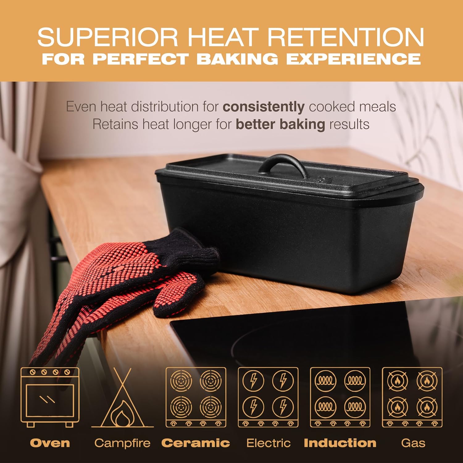 KUHA Cast Iron Bread Loaf Pan with Lid + Heat Resistant Gloves - Pre-Seasoned Cast Iron Bread Pan with Handles - Oven-safe bread pans for homemade bread - Ideal Loaf Pans for Campfire or Home Kitchen - Culinary Roots
