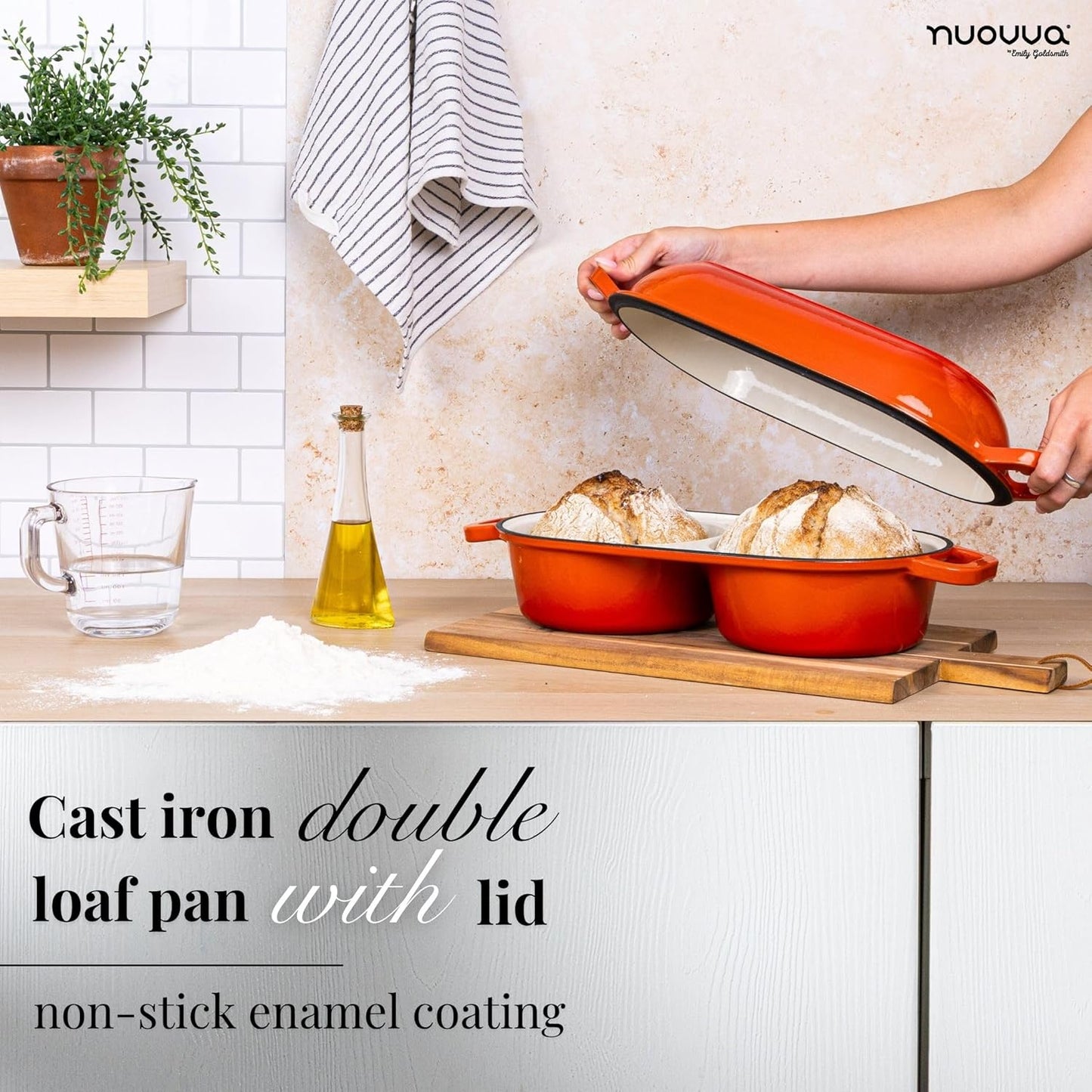 nuovva Dutch Oven For Sourdough Bread Baking – Enamelled Cast Iron Bread Loaf Pot – 500°F Oven Safe Non Stick Bread Pot – Double Round Loaf Space, 16.5cm Diameter, Orange - Culinary Roots