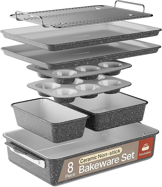 Bakken 8-Piece Stackable Bakeware Set – Ceramic Non-Stick, Oven-Safe Baking Sheets & Pans, PTFE/PFOA/PFOS-Free, Ergonomic Handles, Includes Cooling Rack – Healthy, Non-Toxic Baking Essentials