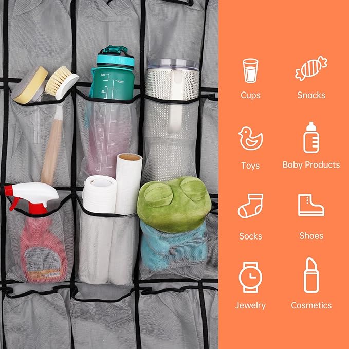 NiHome Multi-Functional 35 Pockets Door Hanging Organizer for Stanley Tumbler in Kitchen, Pantry, Bathroom, Large Capacity Elastic Mesh Secure Storage Water Bottle Cup Holder, Foldable for Home (Gray)