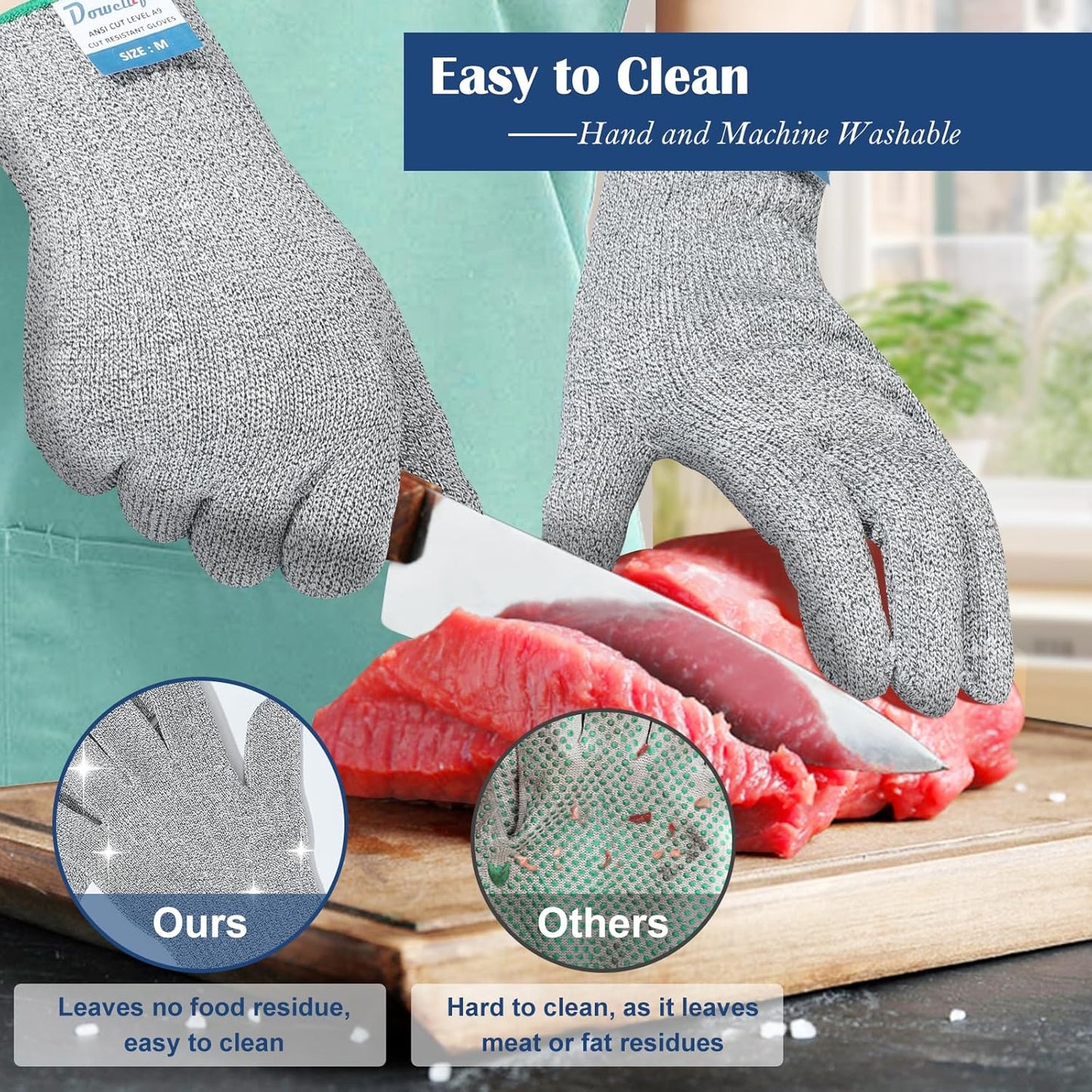 Dowellife Soft Level 9 Cut Resistant Gloves Food Grade, Steel Wire Mixed Kitchen Safety Gloves for Chef Oyster Shucking Mandoline Knife Butcher Meat Cutting Carving (Medium)