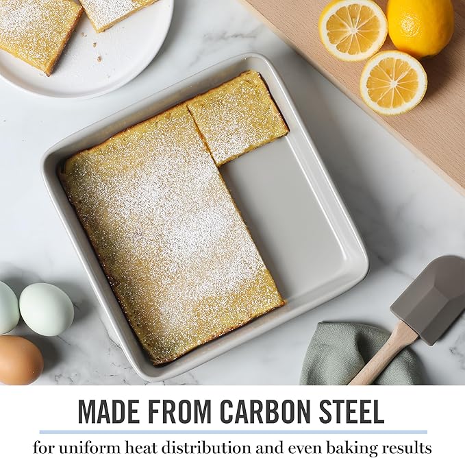 Martha Stewart Gallen 9 Inch Square Nonstick Carbon Steel Cake Pan – Cool Grey, Durable Bakeware for Even Baking and Easy Release