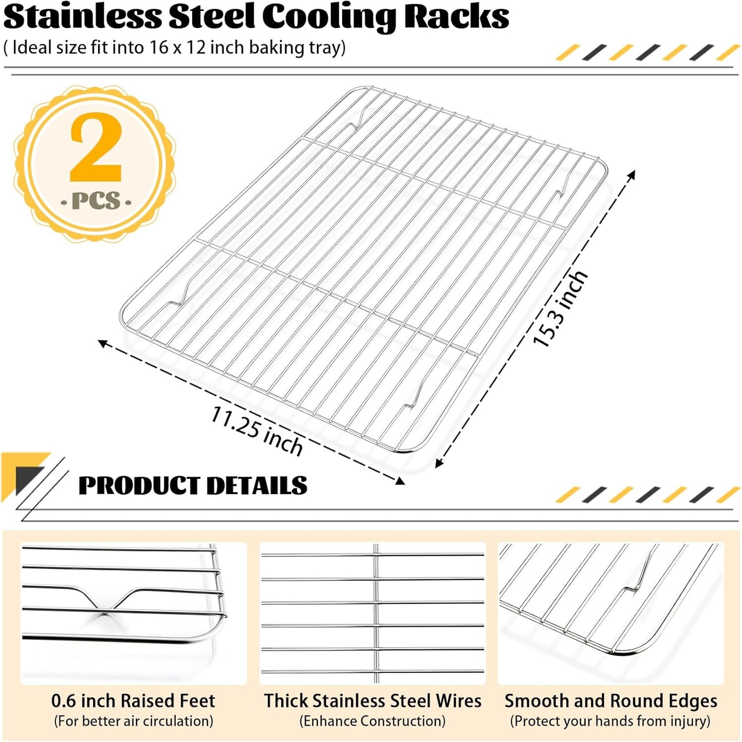 P&P CHEF Cooling Baking Rack Pack of 2, Stainless Steel Cooling Racks for Cooking Baking Roasting Grilling Drying, Dense Wires & Smooth Edge, Easy to clean, Silver, 15.3" x 11.25" - Culinary Roots