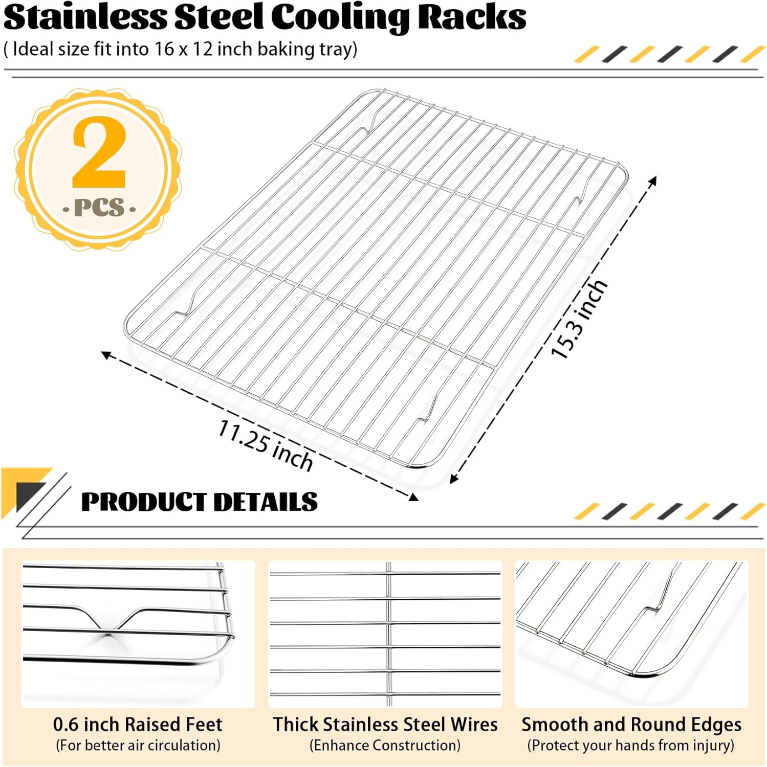P&P CHEF Cooling Baking Rack Pack of 2, Stainless Steel Cooling Racks for Cooking Baking Roasting Grilling Drying, Dense Wires & Smooth Edge, Easy to clean, Silver, 15.3" x 11.25" - Culinary Roots
