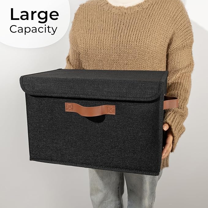 GRANNY SAYS Storage Bins with Lids, Decorative Storage Boxes with PU Handles, Black Storage Bin, Linen Closet Organizer, Shelf Baskets, Fabric Storage Bins for Clothes