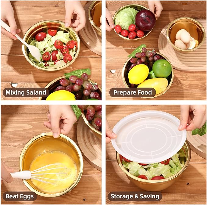 Baderke 7 Pcs Gold Kitchen Accessories Includes Stainless Steel Colander with Handles, 3 Gold Mixing Bowls with Airtight Lids and 3 Fine Mesh Strainer (Colander: 4 Qt, Mixing Bowls: 1/1.5/2 Qt)