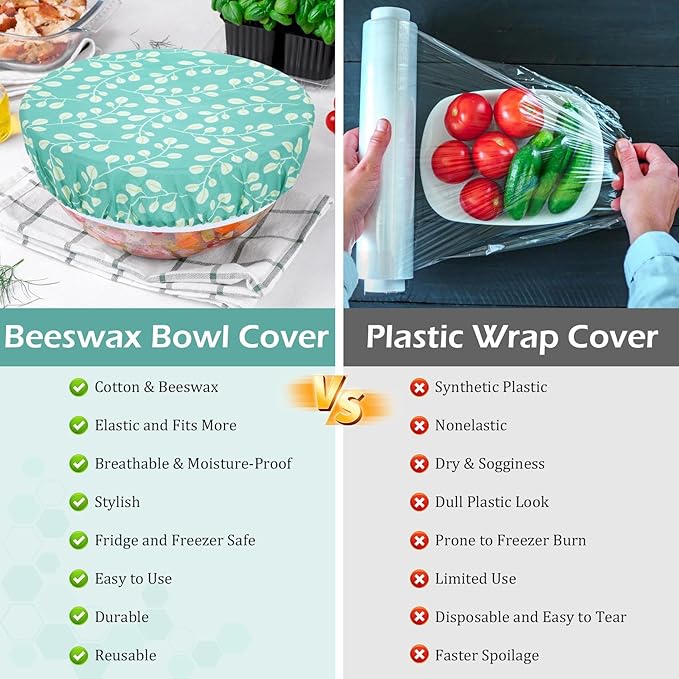5-Size Reusable Beeswax Bowl Covers for Bread Proofing, Cotton Cloth Flexible Beeswax Wraps for Food Storage(Green Leaves)
