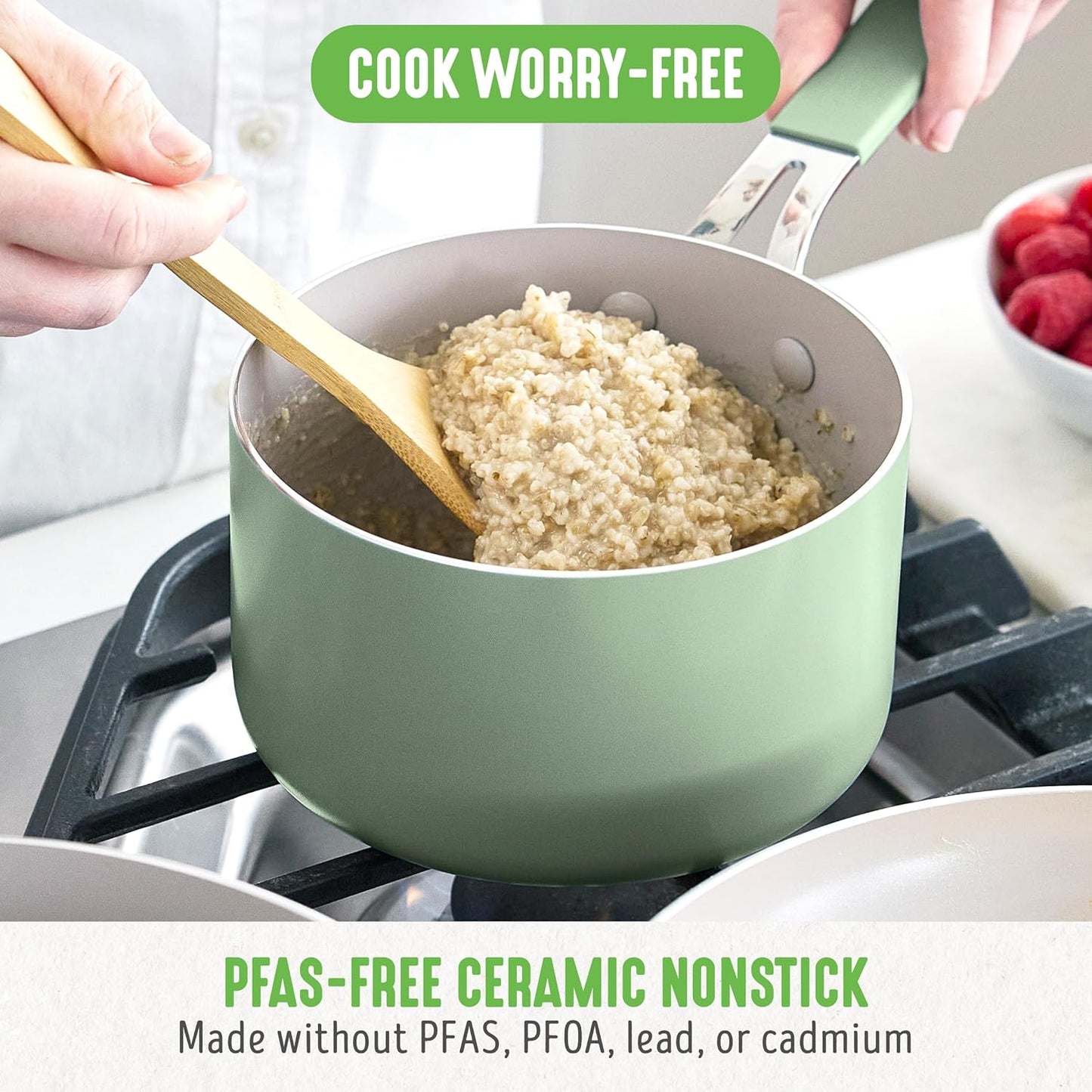 GreenLife 2 Quart Nonstick Saucepan with Lid, Lightweight Healthy PFAS-Free Milk Pan, Dishwasher & Oven Safe Soup Pan, Durable Body, Silicone Stay-Cool Handle, Easy Release Chef’s Pan, Sage Green - Culinary Roots