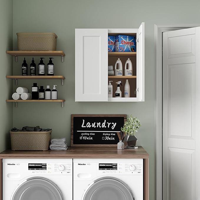 Solid Wood Laundry Room Wall Cabinets, 27 Inch Wide 12 Deep RTA Large Kitchen Storage Organizer Cabinet with 2 Shaker Doors & 2 Adjustable Shelves, Space-Saving for Bathroom, Garage - White