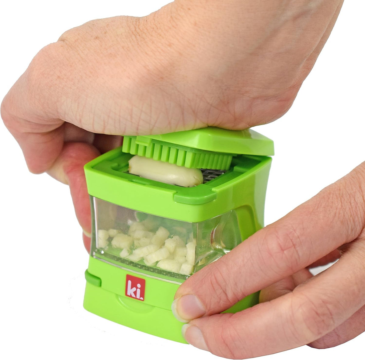 Garlic-A-Peel Garlic Press, Crusher, Cutter, Mincer, and Storage Container - Includes Silicone Garlic Peeler - Easy to Clean - Stainless Steel Blades – (Green), standard - Culinary Roots